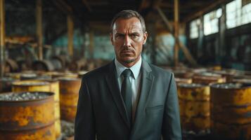 AI generated A businessman in a suit, standing in a industrial setting surrounded of dirty oil barrels. His expression is serious, reflecting the weight of a global energy crisis. photo