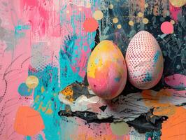 AI generated An abstract collage for Easter featuring eggs as central elements, but with a twist of mixed media art. photo