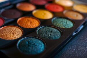 AI generated Close-up of an eye shadow palette with a variety of colors. photo