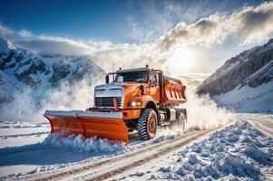 AI generated An orange plow truck is clearing snow from a snowy road. photo