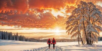 ai generado un Pareja en rojo chaquetas camina en el nieve, participación manos. ellos son en frente de un árbol y un puesta de sol. foto