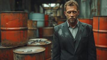 AI generated A businessman in a suit, standing in a industrial setting surrounded of dirty oil barrels. His expression is serious, reflecting the weight of a global energy crisis. photo