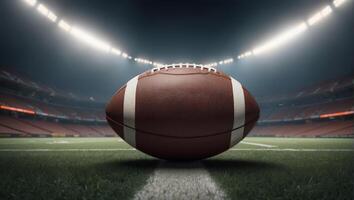 AI generated American football ball placed at the center of an empty stadium field, spotlight shining down on it, symbolizing the anticipation and excitement of the game, dramatic and impactful photo