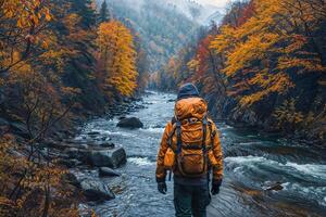 AI generated An adventurous local travel content creator hiking through a scenic trail near their hometown, showcasing the natural beauty and lesser-known spots, enthusiastic and explorative photo