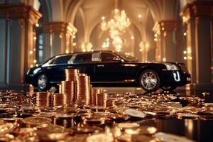 AI generated An featuring gradually ascending piles of coins, representing increasing wealth or investment success, with a high-end limousine car visible in the backdrop photo