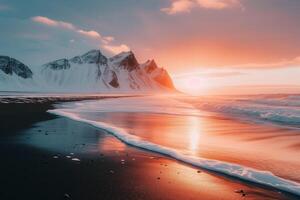 AI generated Icebergs on Iceland's black sand beach under a colorful sunrise, with snow-capped mountains backdrop. photo