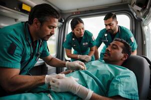 ai generado un ambulancia con sus puertas abierto, con un camilla y un paciente adentro. allí son Tres médico profesionales asistiendo a el paciente. foto