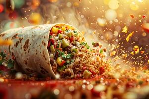 AI generated Advertisement for burritos, featuring a tantalizing burrito bursting with fresh ingredients, set against a vibrant and lively background, spotlight flavor and freshness photo