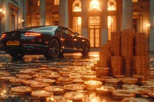 AI generated An featuring gradually ascending piles of coins, representing increasing wealth or investment success, with a high-end limousine car visible in the backdrop photo