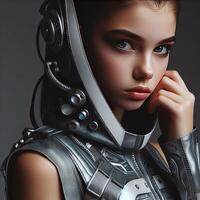 Concept image of the european teenage girl wearing futuristic astronaut outfit. Sci Fi photo
