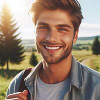 Image of the European young man, walking outside, smiling. People photo