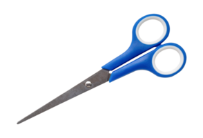 Top view of small multipurpose scissors with blue handle isolated with clipping path in png file format