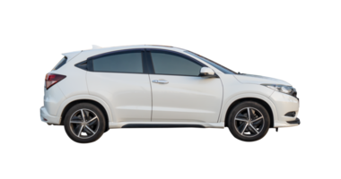 Side view of white hatchback car isolated with clipping path in png file format