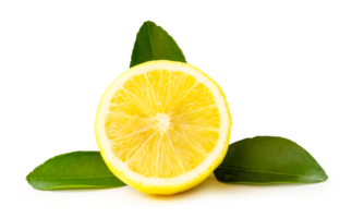 Front view of fresh yellow lemon half with leaves isolated with clipping path and shadow in png file format