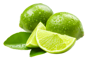 AI generated Lime with green leaves and slices PNG