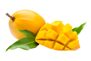 ai generato maturo giallo Mango con tagliare nel metà e verde foglia png