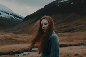 AI generated The red-haired girl travels in the mountains. Neural network AI generated photo