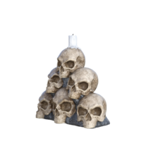 a pyramid of skulls with candles on top png