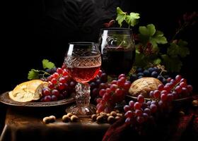 AI generated Glass of wine barrel. A table topped with a plate of food and two glasses of wine photo