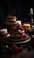 AI generated An amazing photo of cakes still life cinematiclight. A table topped with cakes covered in frosting and fruit
