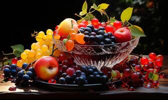 AI generated A plate of fruit is topped. A bowl filled with lots of different types of fruit photo