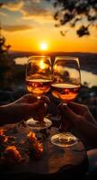 AI generated Hands with glasses of wine at sunset. Two people toasting wine glasses with the sun setting in the background photo