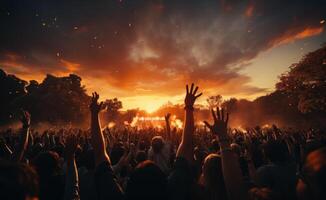 AI generated A crowd at an outdoor concert. A crowd of people with their hands in the air photo