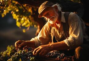 AI generated An elderly wine farmer picking grapes. A man is picking grapes from a bush photo