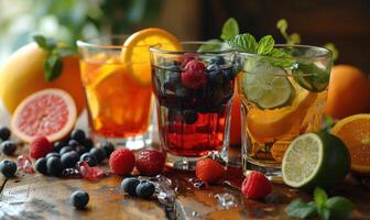 AI generated Three Glasses Filled With Assorted Fresh Fruit - Healthy and Colorful Refreshments photo