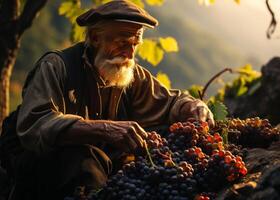 AI generated An old man is picking grapes. An old man is picking grapes from a bush photo