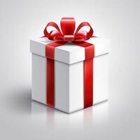 AI generated white gift with red ribbon on white photo