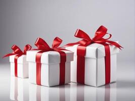 AI generated white gift with red ribbon on white photo
