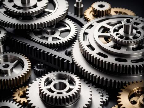 AI generated photograph showcasing intricate interlocking gears in a realistic, photo