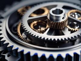 AI generated photograph showcasing intricate interlocking gears in a realistic, photo