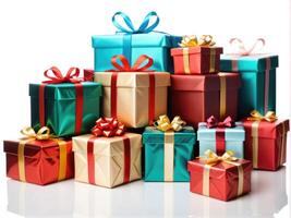 AI generated white gift with red ribbon on white photo