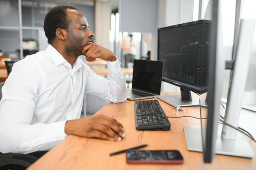 Business stock trader man working on crypto currency markets with blockchain technology photo