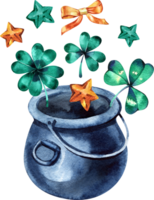 Watercolor illustration of a four leaf clover and a leprechaun pot png