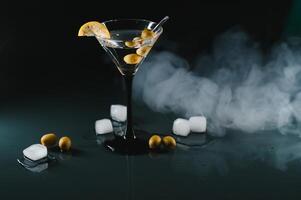 bebida martini. martini con aceitunas en un negro mesa. gratis espacio para texto. foto