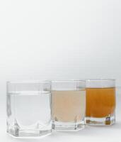 Filter system for water treatment with glasses of clean and dirty water on bright background photo