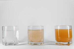 Water filters. Concept of three glasses on a white background. Household filtration system. photo