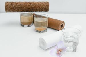 Water filters. Concept of three glasses on a white background. Household filtration system. photo