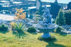 Fountain in the park garden. Water flows from the fountain. photo