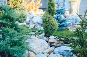 Backyard Garden Modern Design Landscaping. Landscaped Back Yard. Decorative Garden With Pathway Or Walkway From Stone And Rocks Or Gravel. Back Yard Or Park Lawn With Stony Natural landscaping. photo