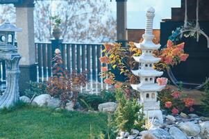 Backyard Garden Modern Design Landscaping. Landscaped Back Yard. Decorative Garden With Pathway Or Walkway From Stone And Rocks Or Gravel. Back Yard Or Park Lawn With Stony Natural landscaping. photo