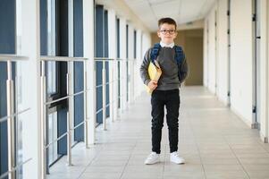 Cute schoolboy with books and a backpack photo