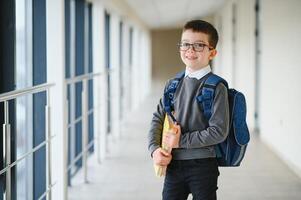 alegre sonriente pequeño chico con grande mochila teniendo divertida. colegio concepto. espalda a colegio foto