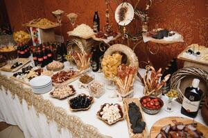 various dessert with fresh fruit on buffet line, sweet. photo