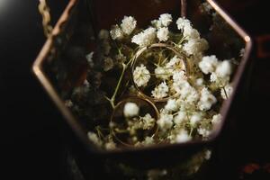 Elegant wedding rings for the bride and groom on a black background with highlights, macro, selective focus. photo