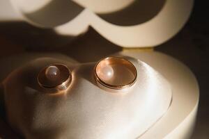 Elegant wedding rings for the bride and groom on a black background with highlights, macro, selective focus. photo