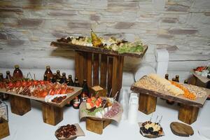 various dessert with fresh fruit on buffet line, sweet. photo